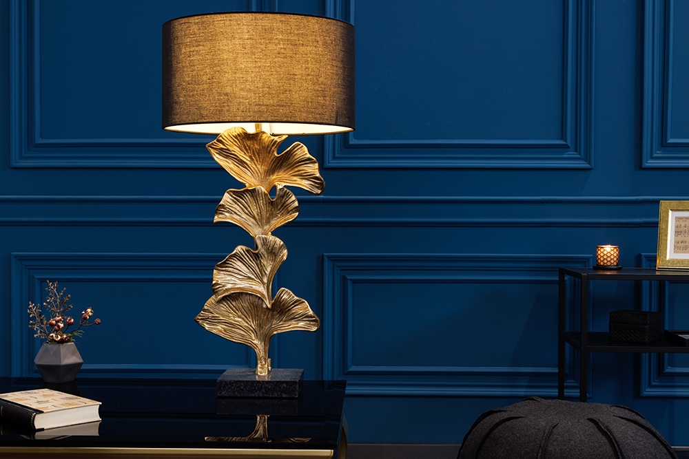 Design Tischlampe GINKGO 70cm schwarz Stoffschirm gold Metall handmade Marmor-Fuß