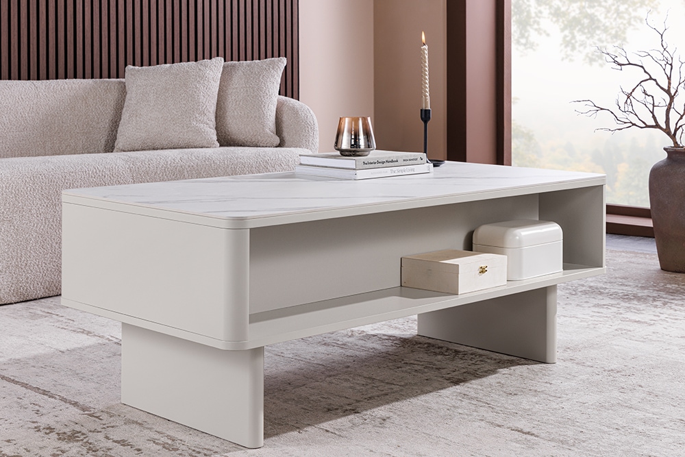 Design Couchtisch SAVOY 120cm kaschmir weiß Keramik Marmor mit Schubladen