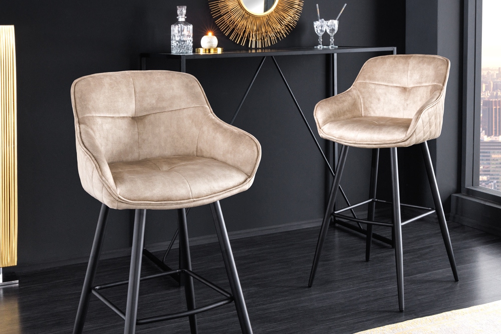Design Barhocker EUPHORIA champagner greige Samt schwarze Metallbeine Barstuhl mit Lehne Design Barhocker EUPHORIA champagner greige Samt schwarze Metallbeine Barstuhl mit Lehne