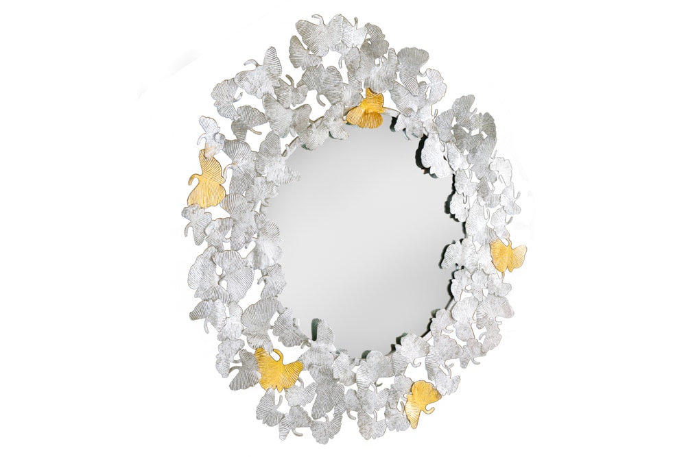 Dekorativer Wandspiegel GINKGO LEAFS XL 90cm gold silber rund aus Metall handmade