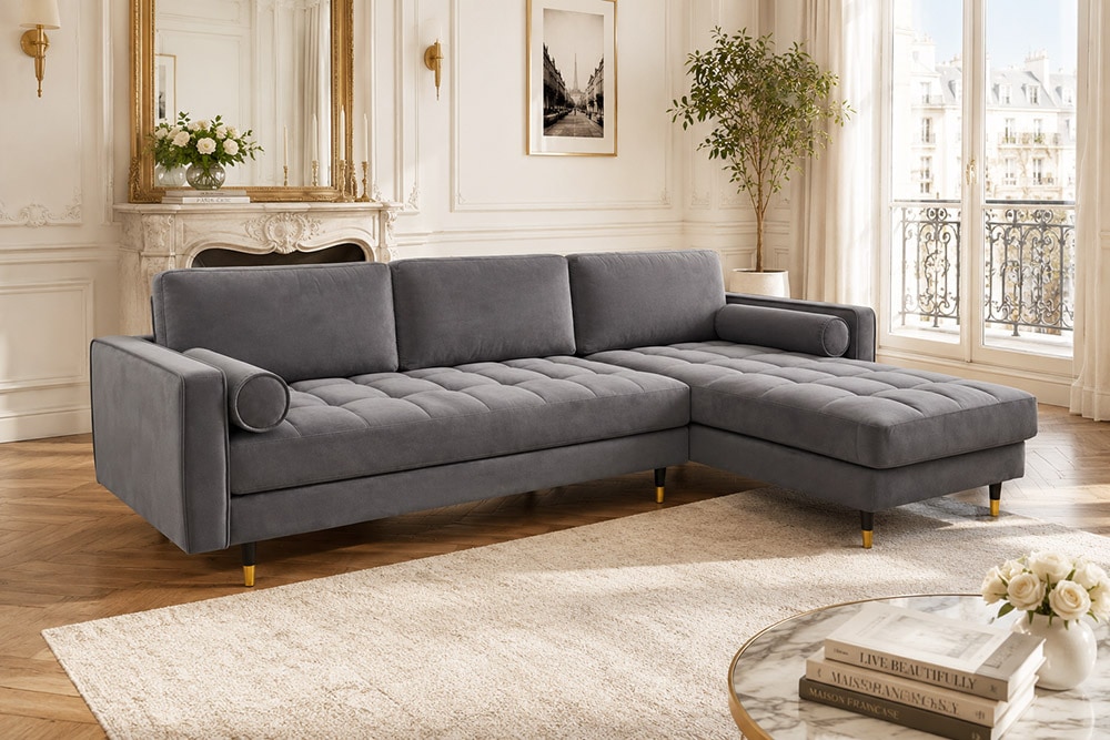 Elegantes Ecksofa COZY VELVET 260cm grau Samt Federkern 3-Sitzer