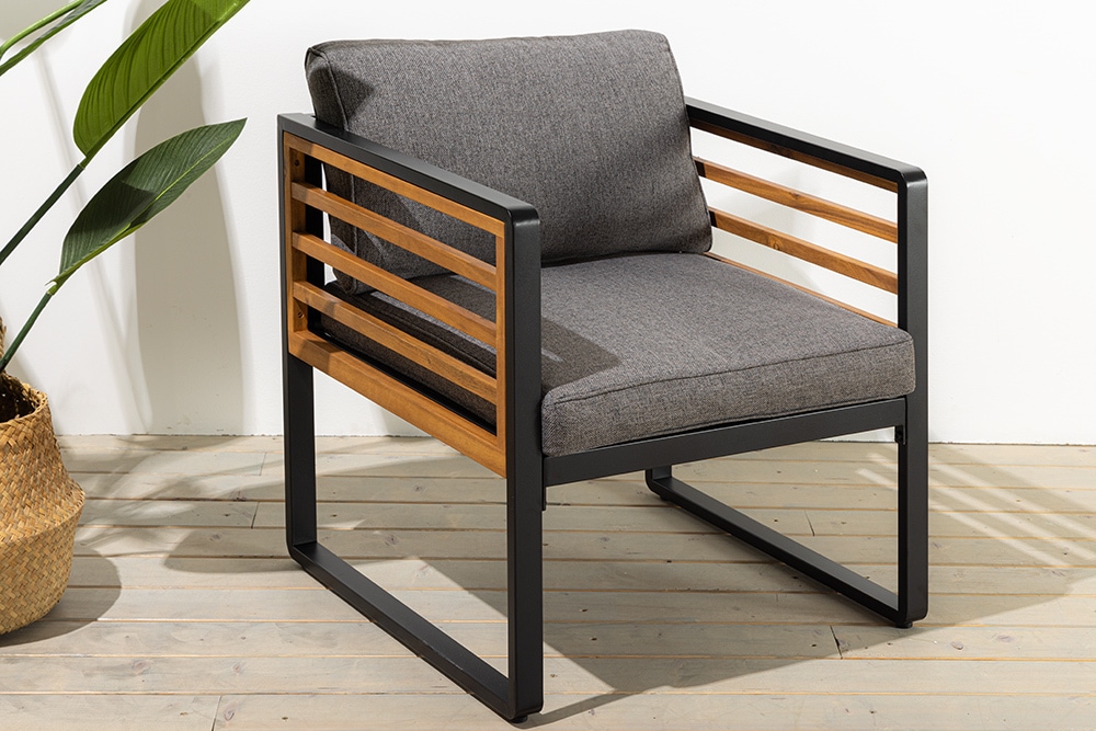 Outdoor Garten-Sitzgruppe PURE grau natur Akazie schwarz Metall inkl. Tisch Sitzpolster