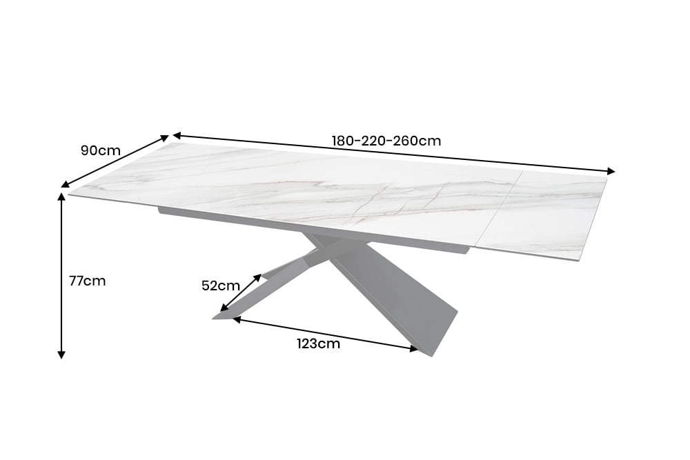 Ausziehbarer Esstisch EUPHORIA 180-220-260cm weiß Carrara Oro Keramik schwarz Metall