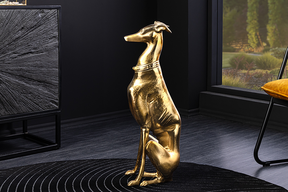 Design Skulptur GREYHOUND 70cm gold Metall Aluminium Windhund Figur