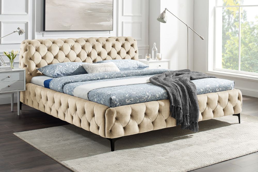 Design Bett MODERN BAROCK 180x200cm champagner Samt Chesterfield Doppelbett