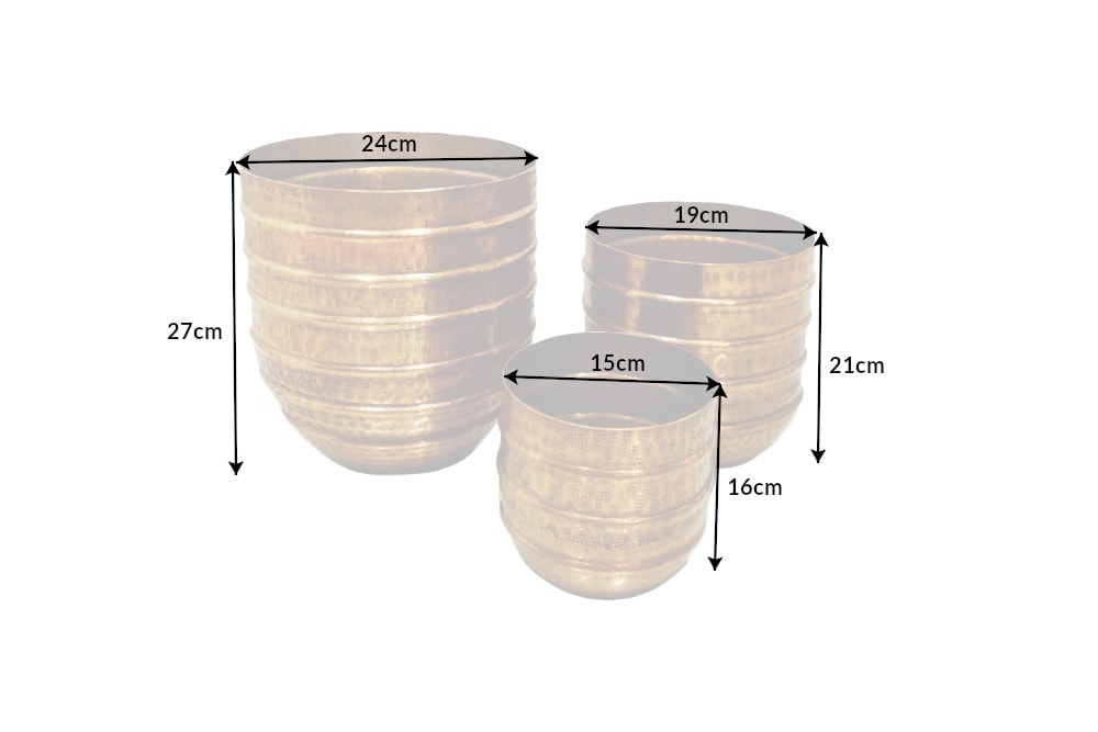3er Set Blumentopf ORIENT 25/20/15cm Metall gold Hammerschlag Design