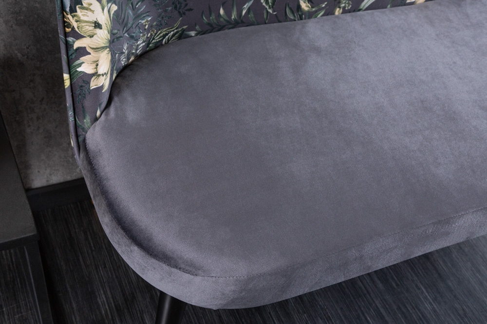 Design Bank PRÊT-À-PORTER grau Samt florales Muster und goldene Fußkappen