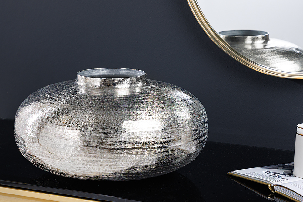 Moderne Deko Vase ABSTRACT ORIENT 35cm silber rund Metall Hammerschlag-Design