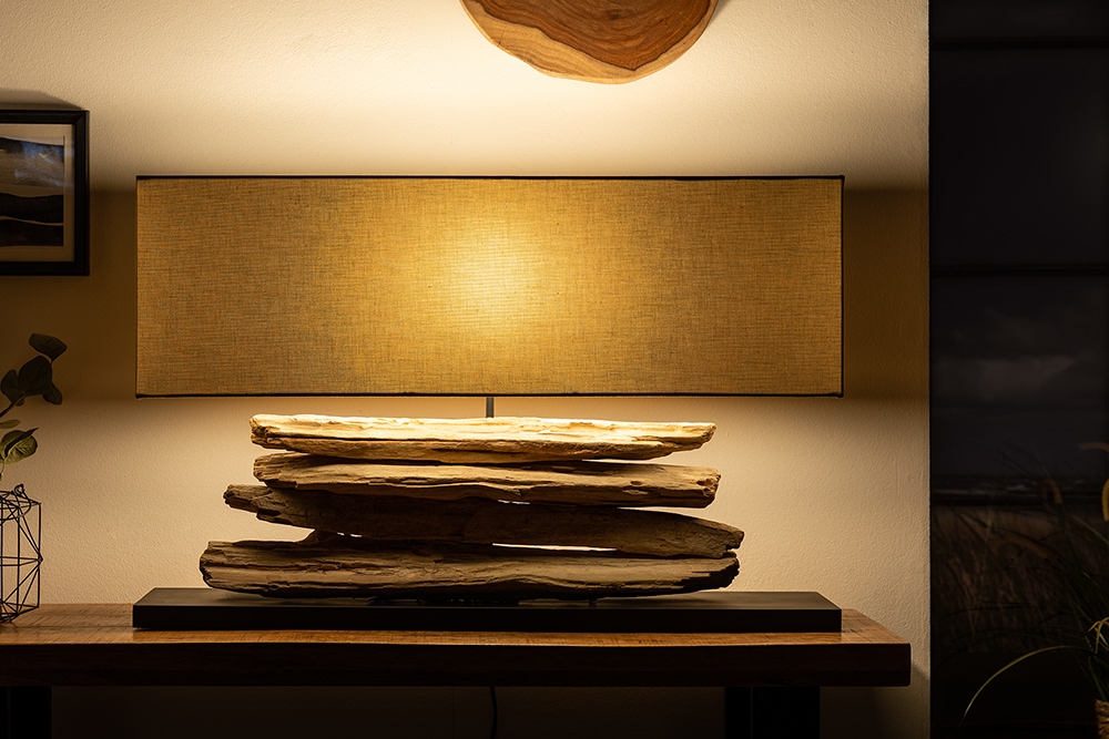 Handgearbeitete Tischlampe RIVERINE 80cm beige Treibholzfuß mit Leinenschirm