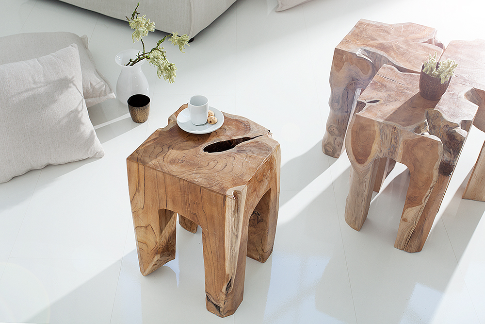 Massivholz Beistelltisch MOLAR 30cm Hocker Teak Block aus einem Stück gefertigt