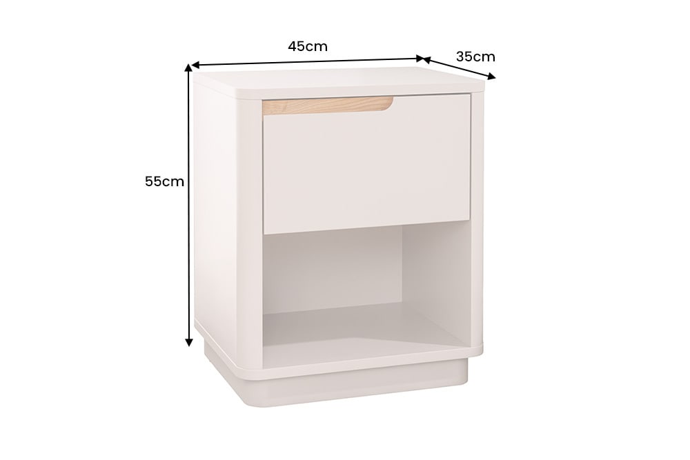 Design Nachtschrank LIV 55cm cashmere weiß mit Schublade und offenem Fach