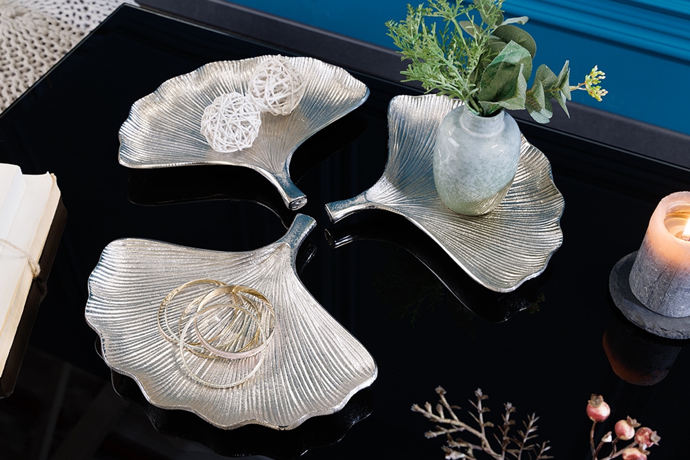 Dekoratives Schalen 3er Set GINKGO 30cm silber handmade Metall