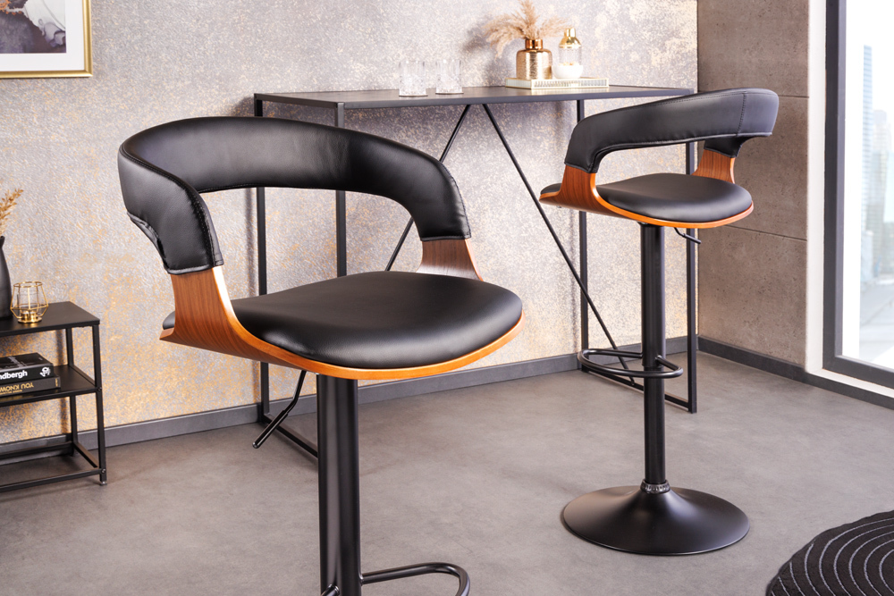 Retro Barhocker MANHATTAN schwarz Kunstleder Walnussholz drehbar höhenverstellbar