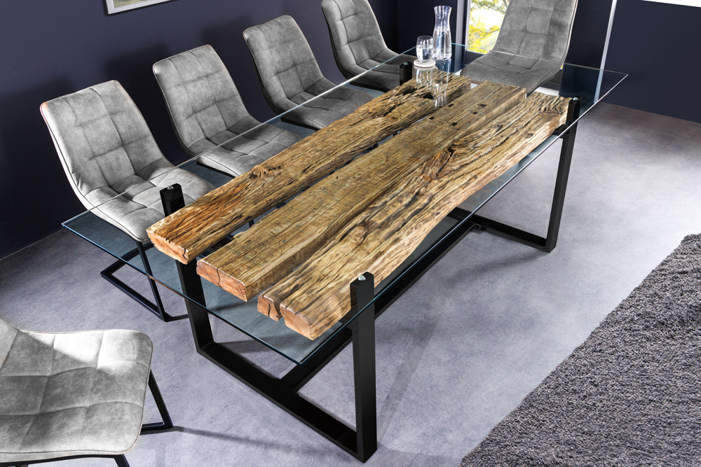 Design Glas Esstisch BARRACUDA 220cm natur Teak Massivholz schwarz Kufengestell