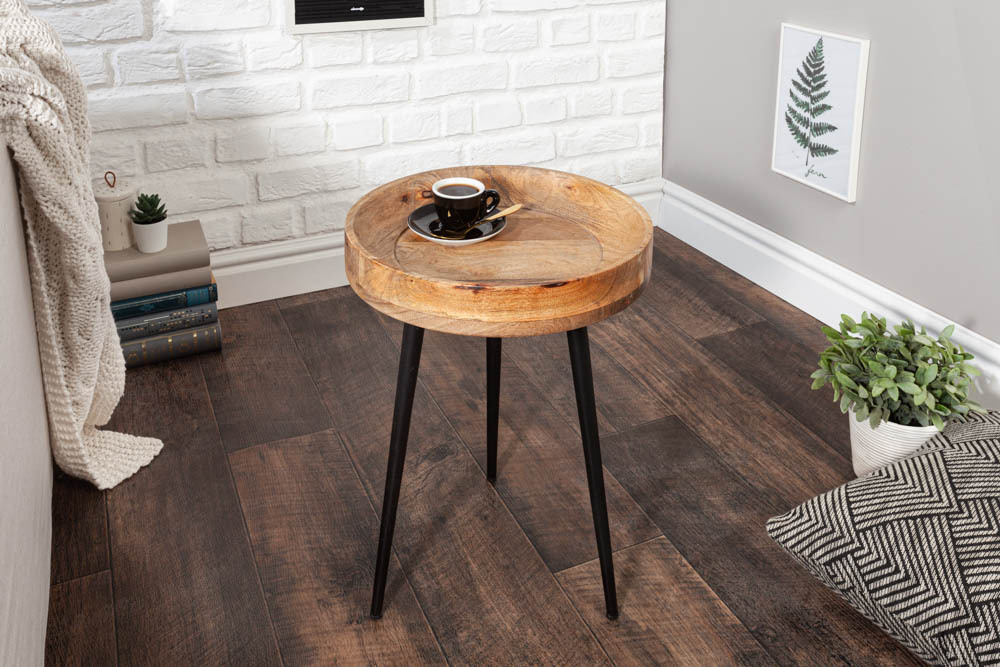 Massiver Beistelltisch PURE NATURE 35cm natur Mangoholz rund mit schwarzen Metallbeinen
