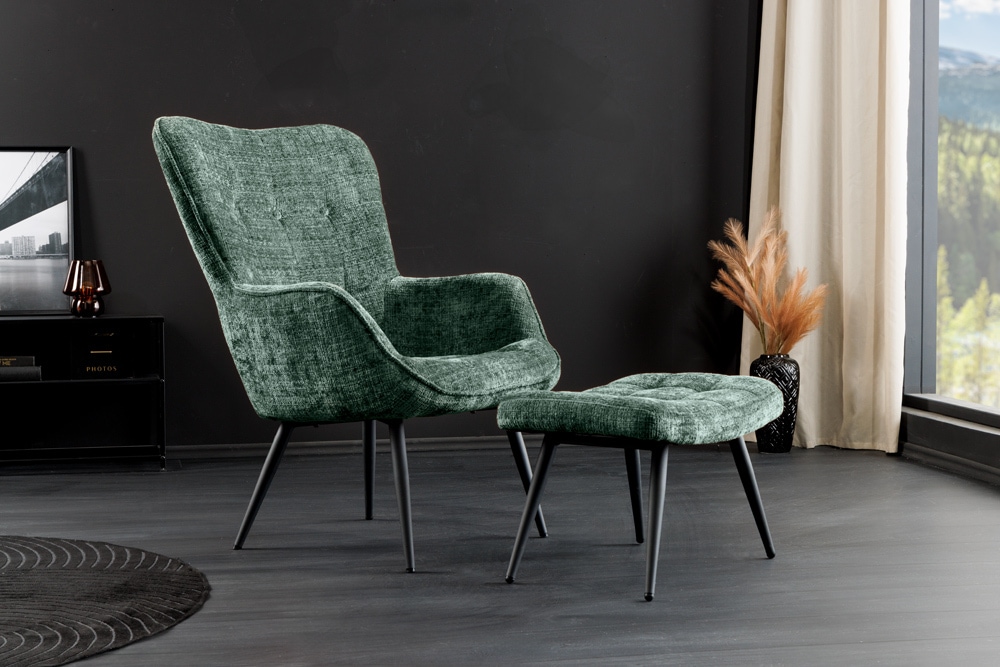 Design Sessel SCANDINAVIA grün Chenille Cremona schwarz Metall mit Armlehne