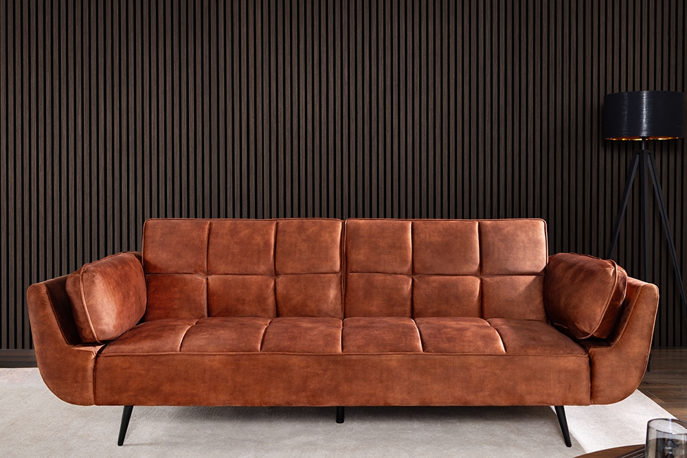 Schlafsofa BOUTIQUE 215cm rostbraun Samt 3-Sitzer mit mattschwarzen Füßen