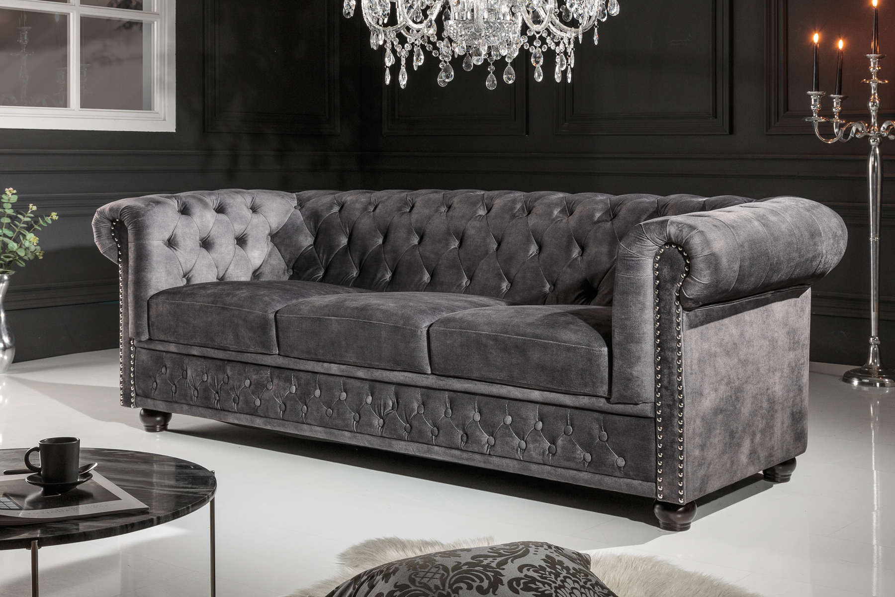 Chesterfield 3-Sitzer Sofa 205cm grau Samt Federkern Knopfheftung