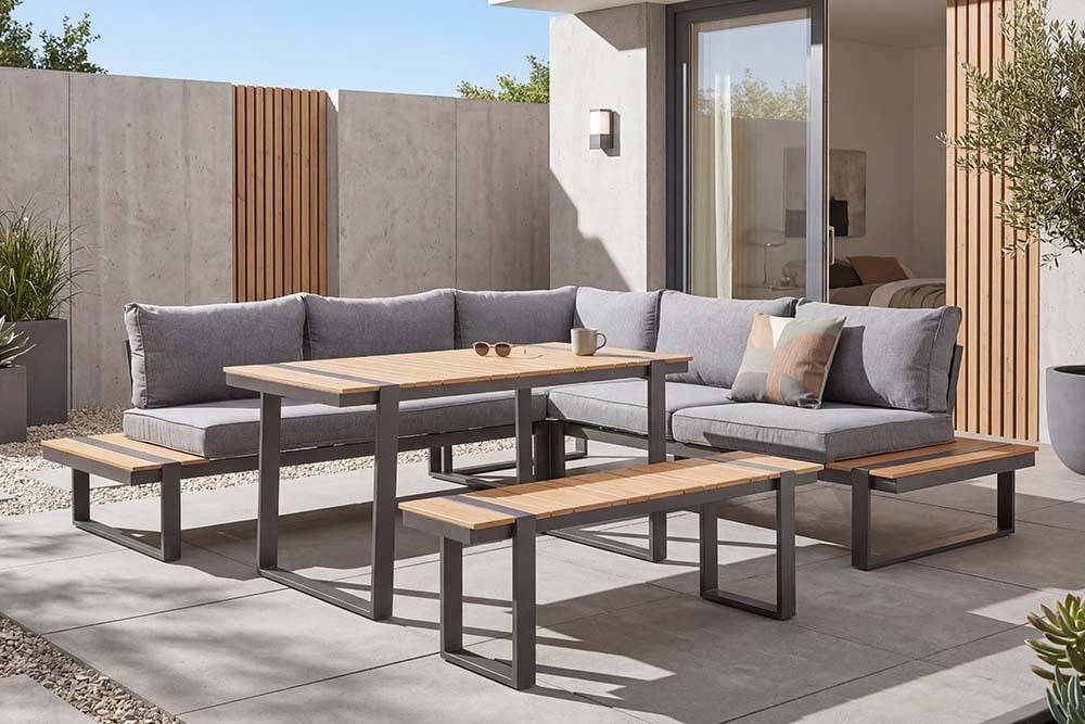 Wetterfestes Gartenmöbel Set TAMPA LOUNGE 250cm grau Aluminium inkl. Sitzbank Tisch Kissen