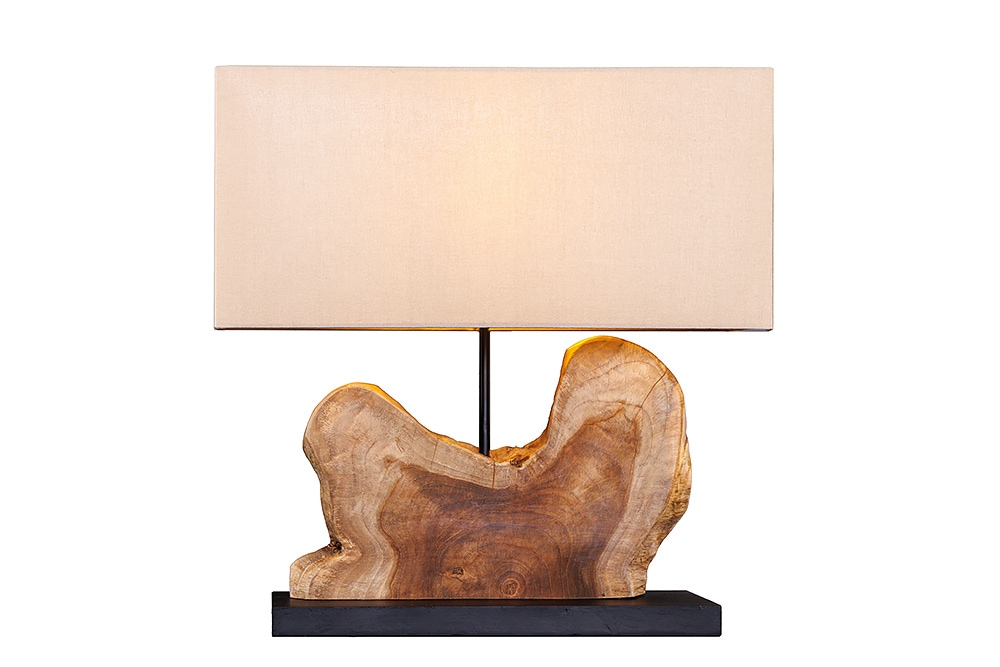 Handgefertigte Tischlampe HYPNOTIC 50cm natur Teakholz beige mit Leinenschirm