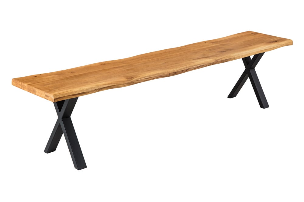 Massivholz Sitzbank WILD OAK 160cm Eiche Baumkante X-Gestell Industrial