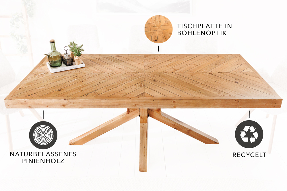 Massivholz Esstisch MOSAIK 160cm natur Pinienholz recycelt Sterngestell