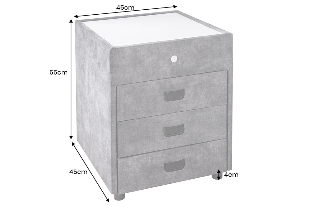 Quadratischer Nachttisch PARIS 55cm grau Samt inkl. Beleuchtung und Schubladen