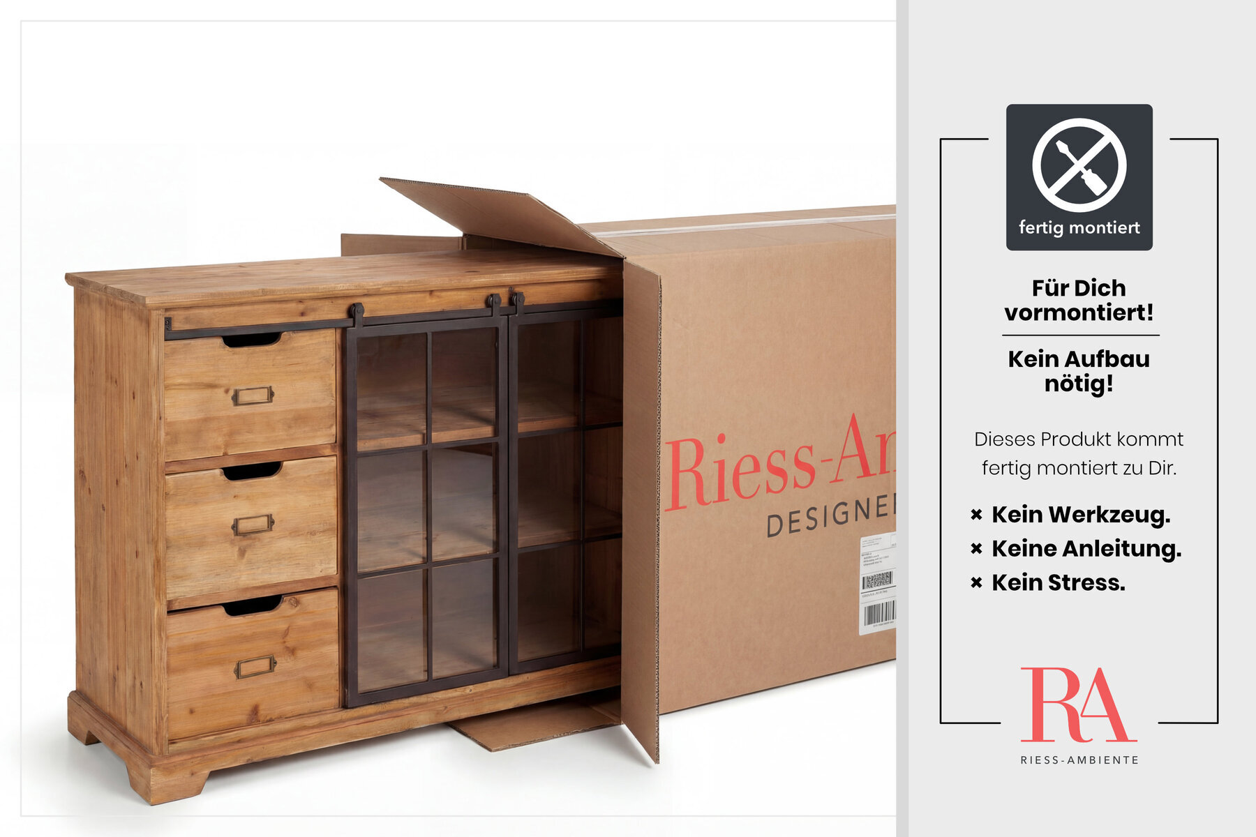 Massives Sideboard HERITAGE 150cm natur Pinienholz Industrial-Türen Metall Vitrine