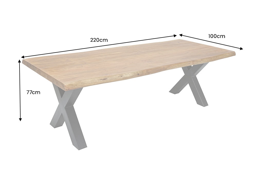Vollmassiver Esstisch MAMMUT 220cm Akazie X-Gestell schwarz Metall Baumkante 6cm Tischplatte