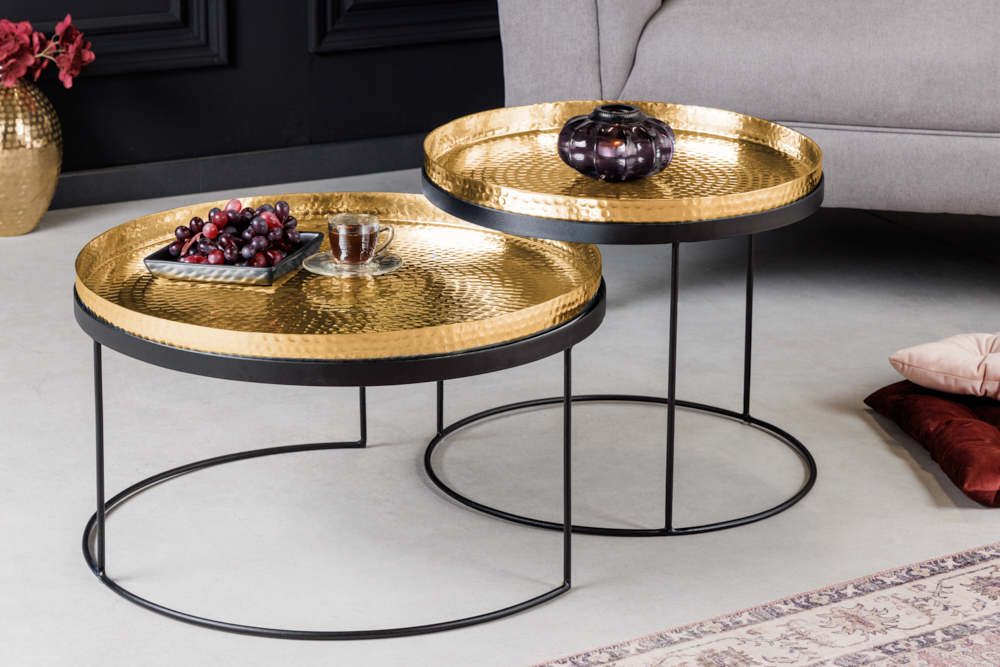 2er Set Runde Couchtische ELEMENTS 60cm gold schwarz Metall Tabletttisch Beistelltisch handmade
