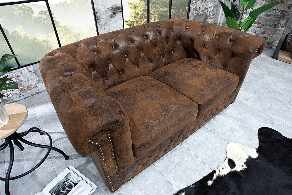 Chesterfield 2-Sitzer Sofa 150cm antik braun Microfaser Federkern Knopfheftung