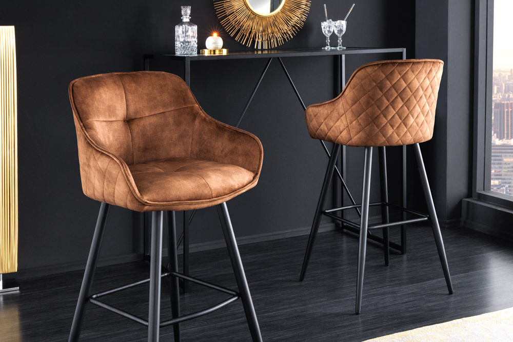 Design Barhocker EUPHORIA rost braun Samt schwarze Metallbeine Barstuhl mit Lehne