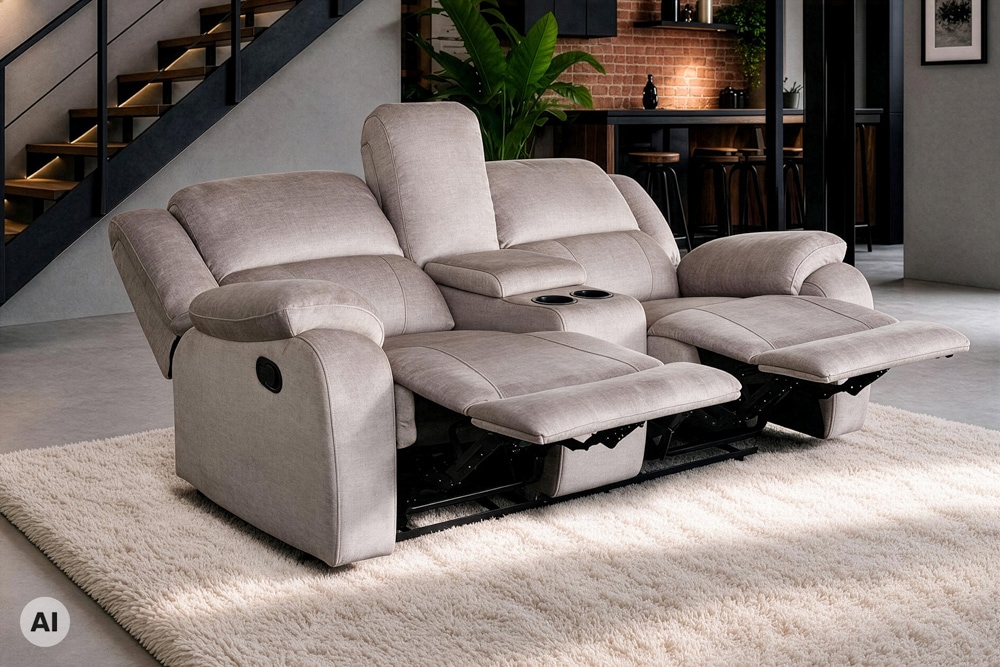 Exklusiver 2er Kinosessel HOLLYWOOD champagner beige hochwertiger Vogue Veloursstoff mit Cupholder