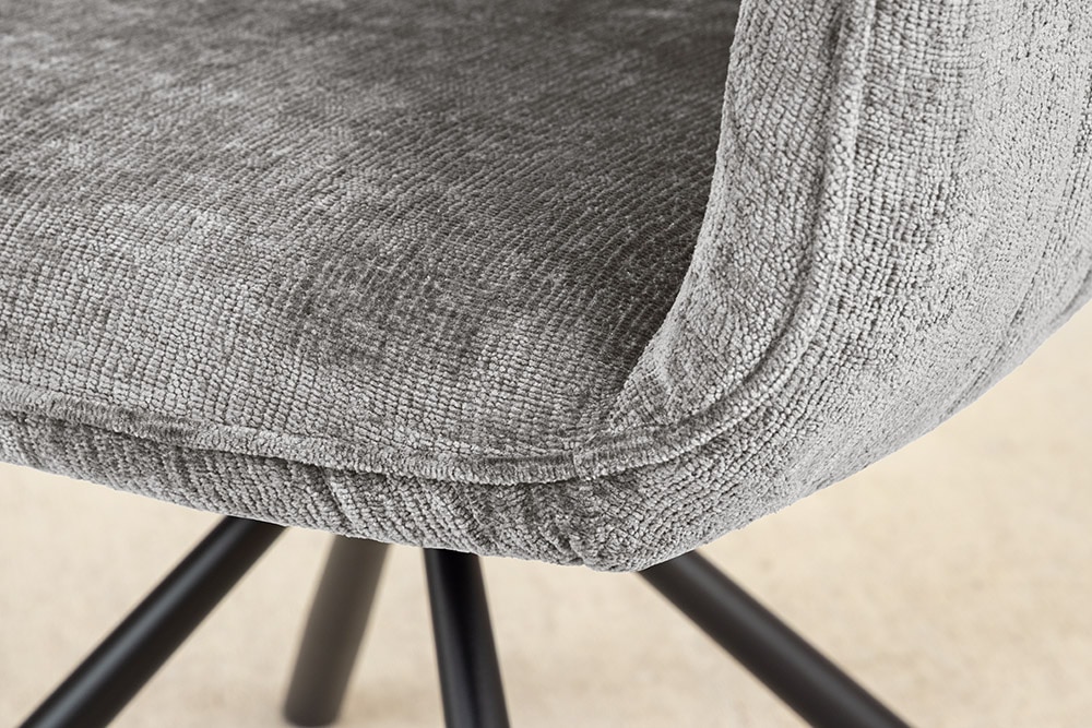 Drehbarer Retro Stuhl UNIQUE grau Chenille schwarzes Metallgestell mit Armlehne