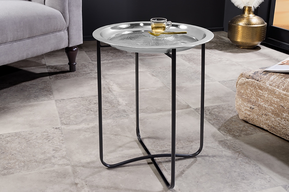 Orientalischer Beistelltisch CASABLANCA 50cm silber schwarz Tablett abnehmbar klappbar