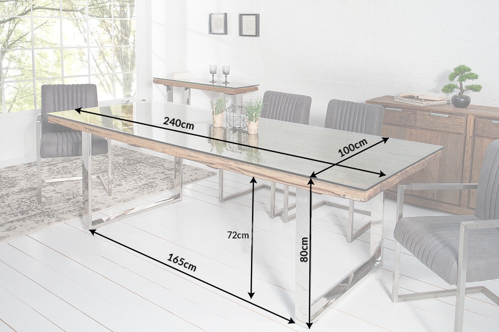 Massiver Esstisch BARRACUDA 240cm antik Teak Holz mit Stahl Kufenfüßen inkl. Glasplatte