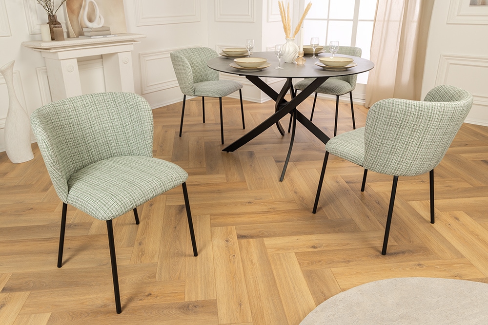Design Stuhl LYON grün-rosa kariert Bouclé schwarze Metallbeine