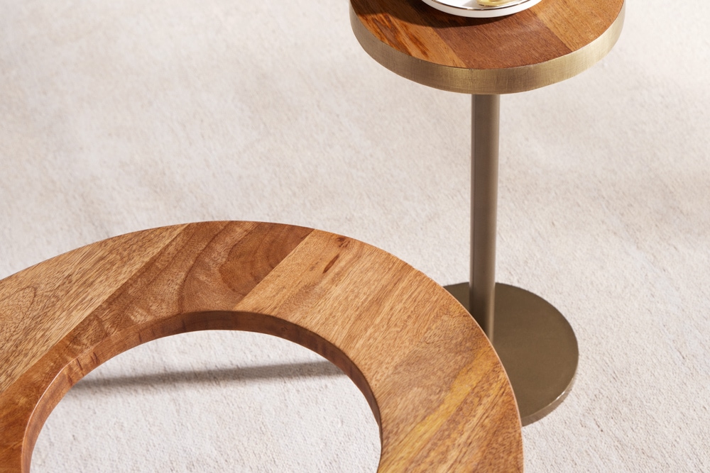 Massivholz Couchtisch GATSBY 110cm braun gold Mango oval rund Beistelltisch 2er Set Retro Design