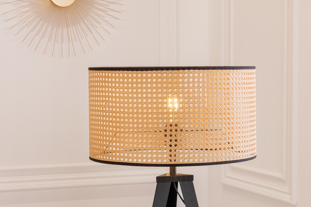 Boho Stehlampe VIENNA 142cm natur schwarz Wiener Geflecht Metall Dreifuß Stehleuchte