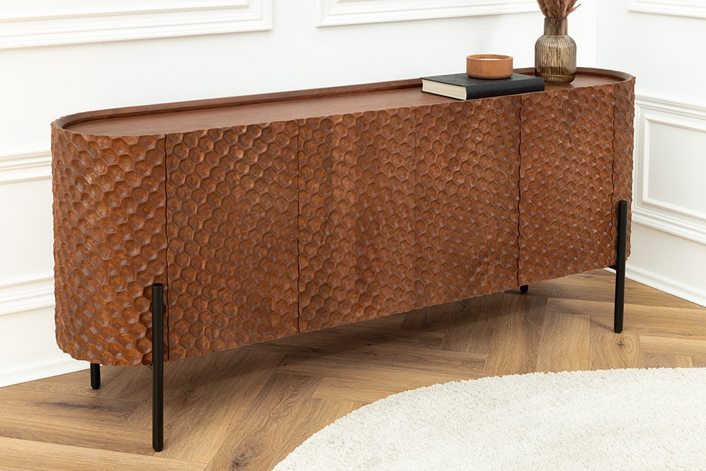 Massives Sideboard ADLON 180cm braun Mangoholz schwarz Metall 3D-Front in Wabenstruktur