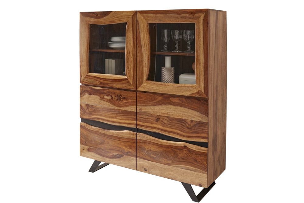 Massives Highboard AMAZONAS 140cm braun Sheeshamholz Vitrine mit Baumkante
