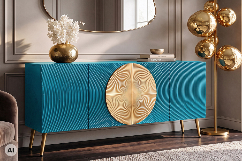 Massives Sideboard AURUM 180cm türkis Mangoholz mit ikonischem Gold-Element