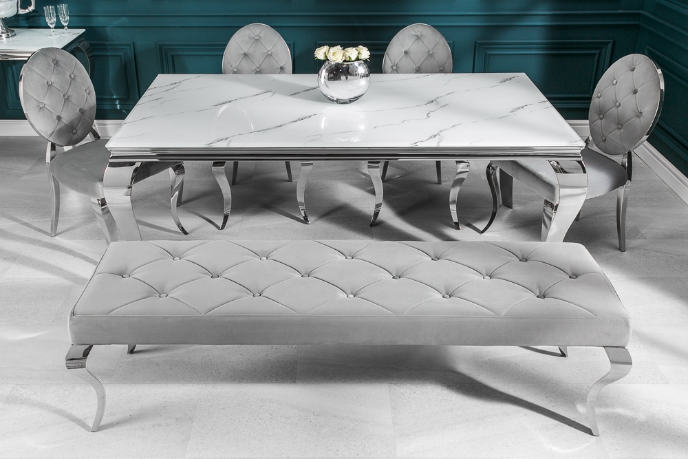 Design Esstisch MODERN BAROCK 180cm weiß chrom Glasplatte Marmor Edelstahlbeine