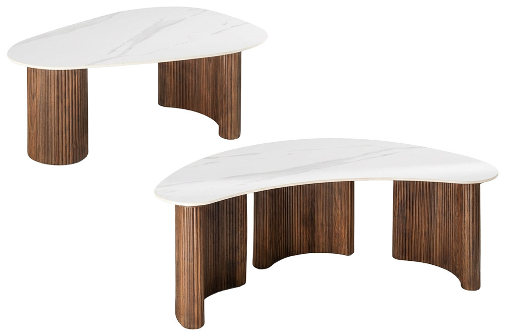 2er Set Couchtische OSAKA 120cm weiß Marmor Keramik Walnuss