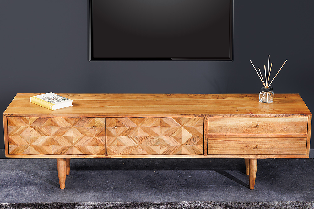 Massivholz TV-Lowboard ALPINE 145cm natur Akazie Retro Design honey finish