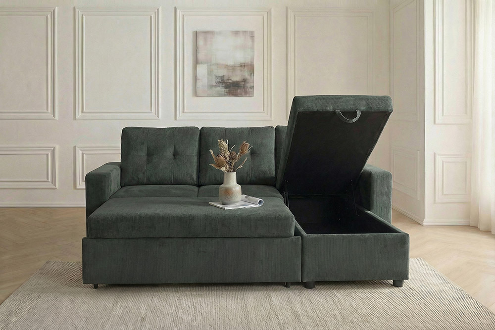Ecksofa mit Schlaffunktion APARTMENT beidseitig aufbaubar grün Cord inkl. Stauraum