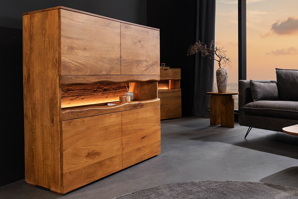 Massives Highboard GRAND 120cm braun Mangoholz mit LED-Beleuchtung