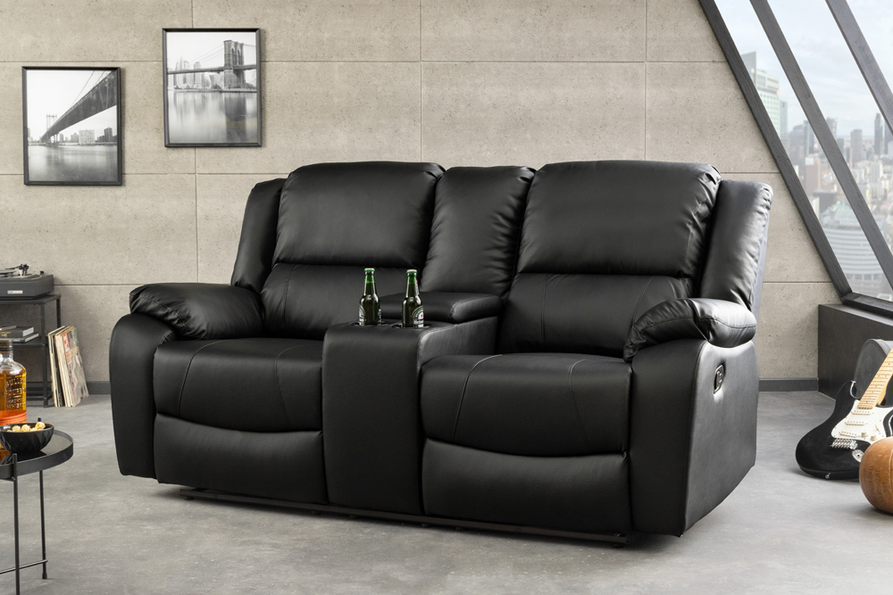 Exklusiver 2er Kinosessel HOLLYWOOD 190cm schwarz mit Liegefunktion und Getränkehalter