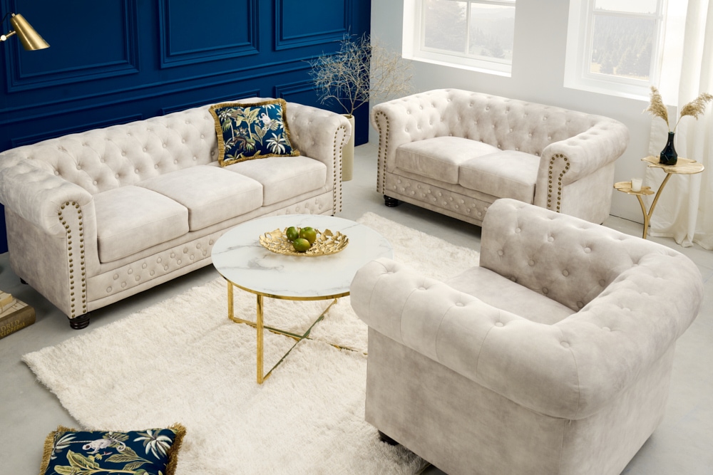 Chesterfield 2-Sitzer Sofa 150cm champagner beige Samt Federkern Knopfheftung