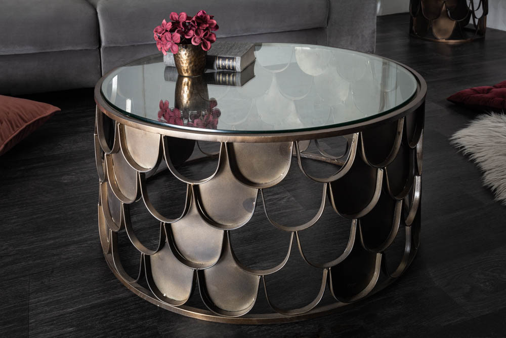 Runder Couchtisch ABSTRACT 60cm antik messing Metall Glas Industrial Fischschuppen Design